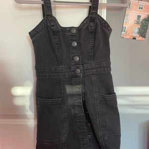 black jean overall dress; 2 pockets & 9 buttons; in outstanding condition